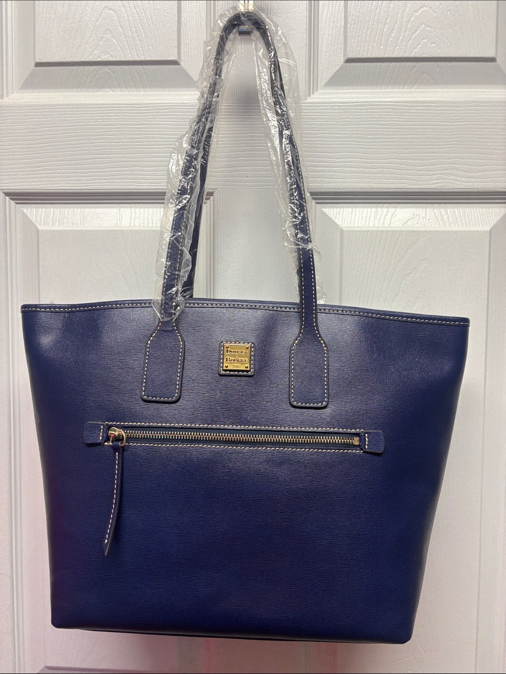 Dooney & Bourke Classic Marine Blue Leather Tote Bag with Front Zip Pocket New